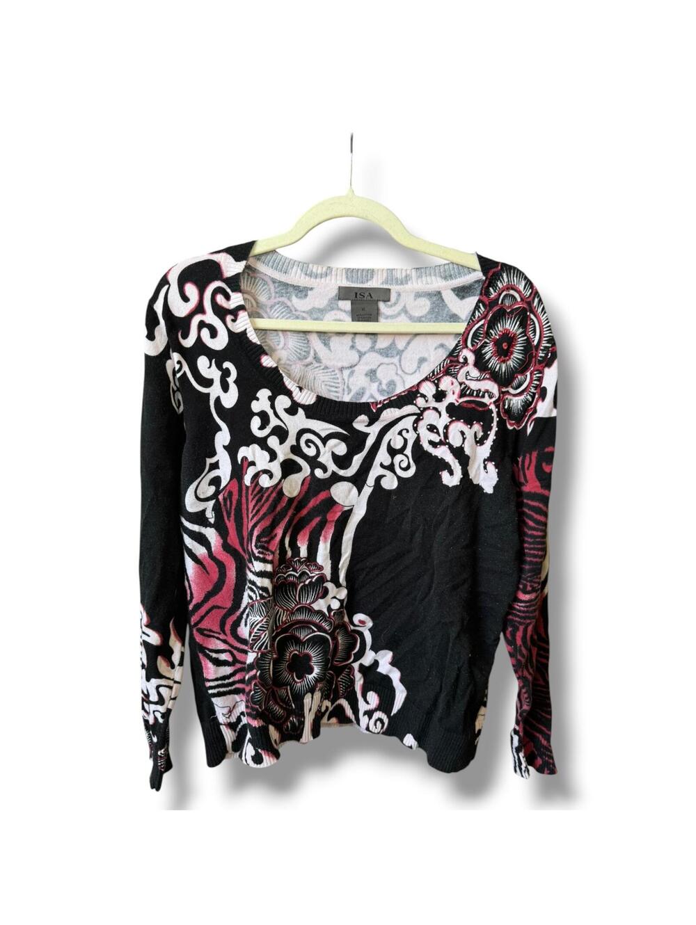 Isa Cotton Light Sweater Spring Floral Women's XL Black Alternative Beaded GC